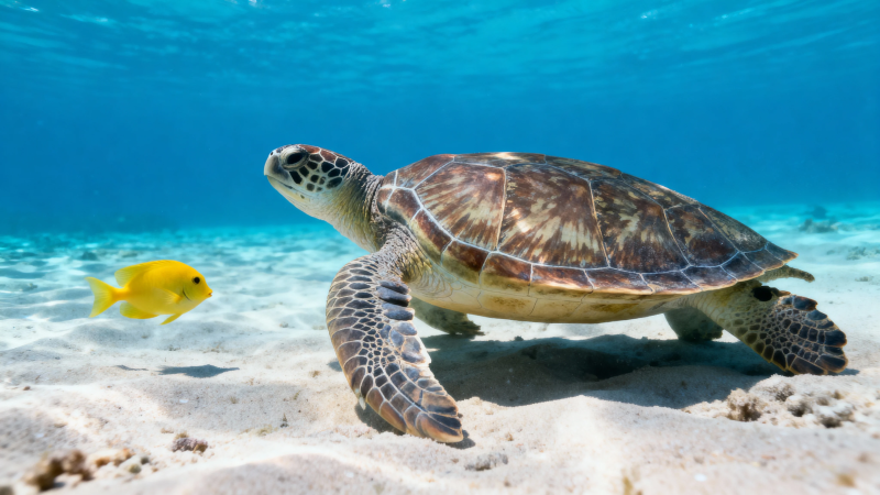 海龟与黄鱼共游海底图片