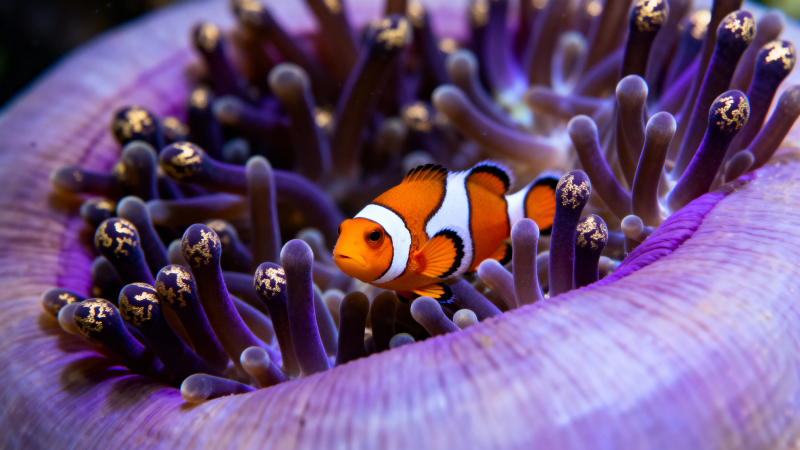 小丑鱼栖紫海葵中图片