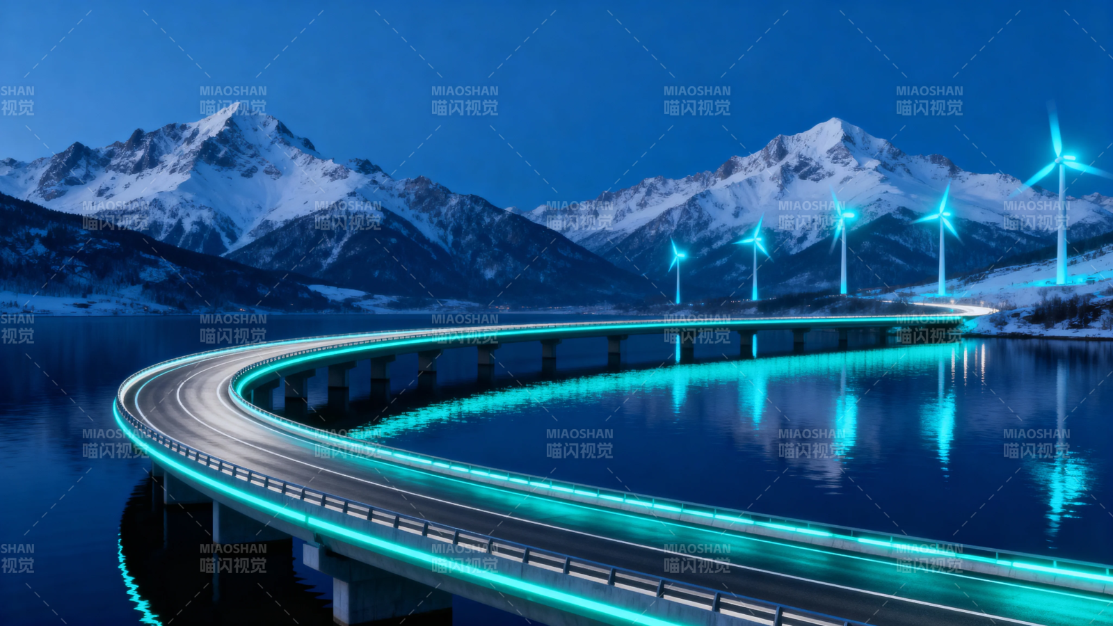 雪夜风车桥 蓝光映山湖图片