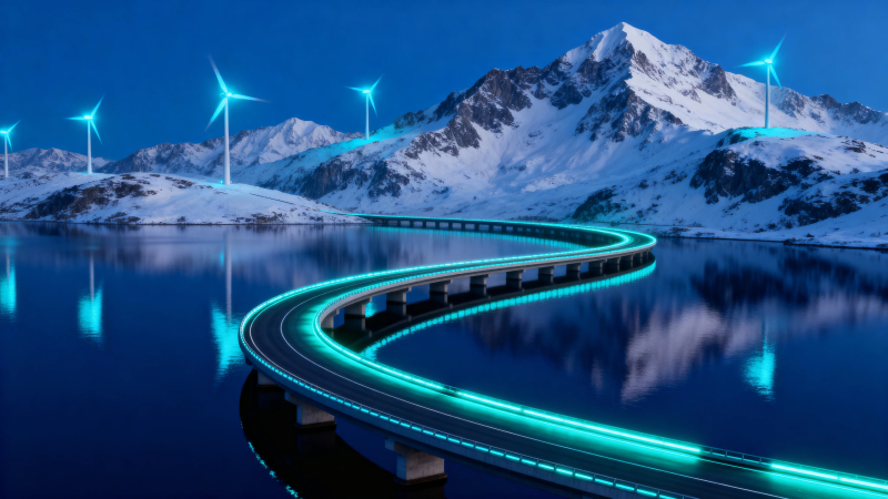 雪山风电 光路映湖夜图片