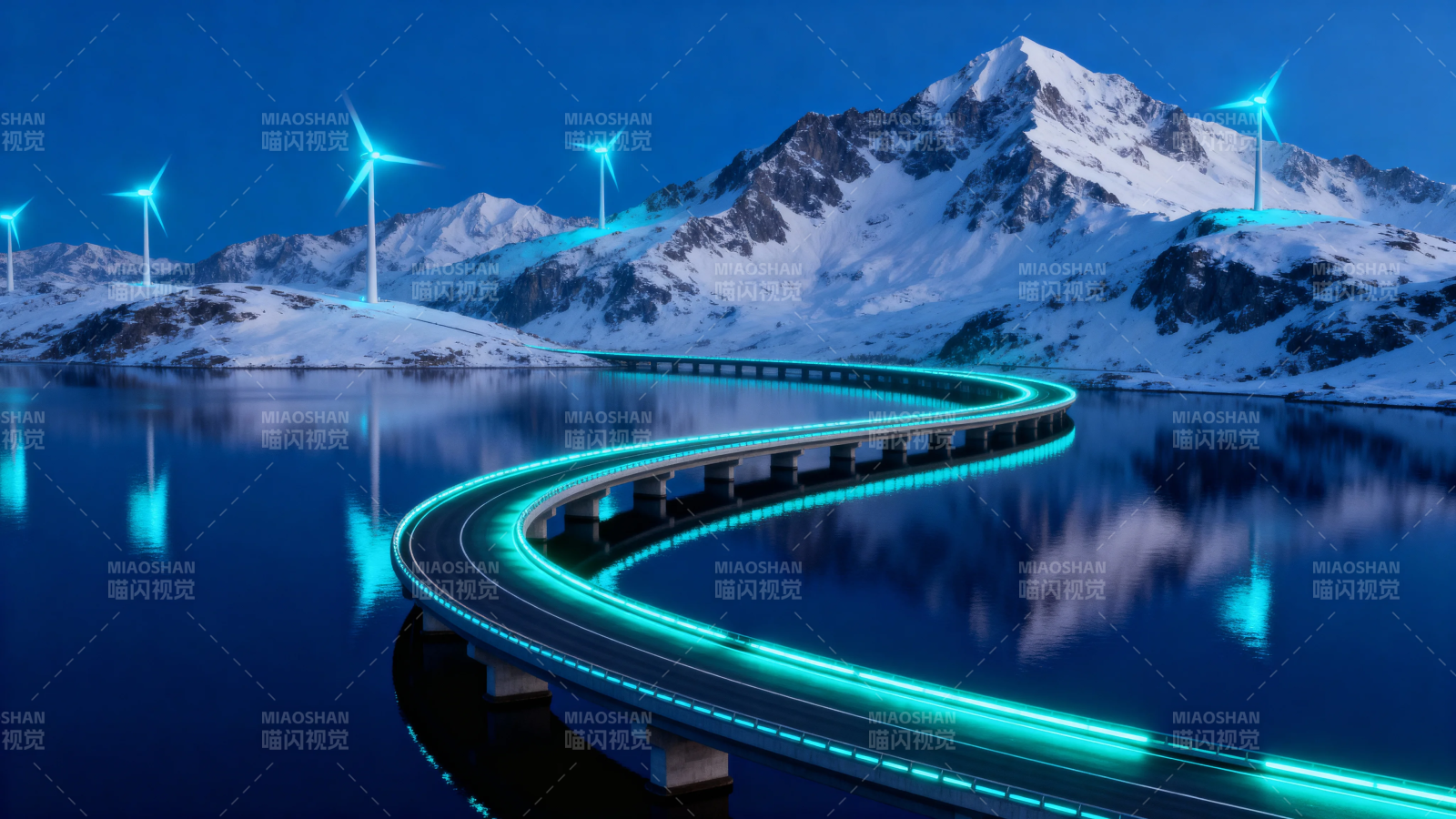 雪山风电 光路映湖夜图片