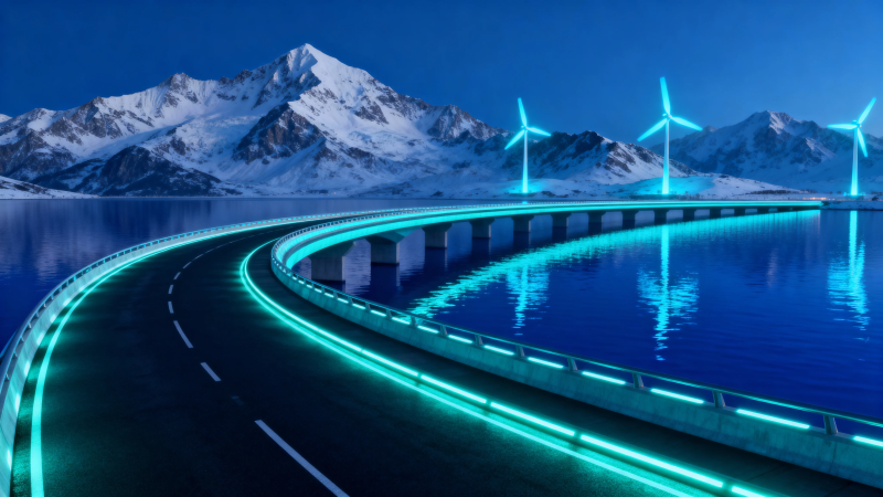 霓虹桥映雪山风车夜图片