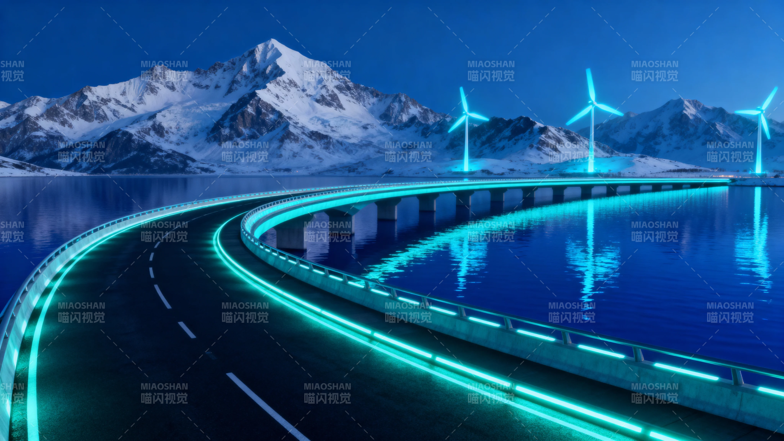 霓虹桥映雪山风车夜图片