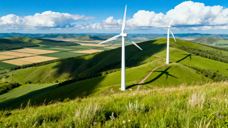 青山风车映蓝天图片