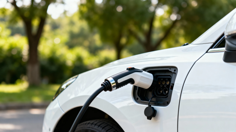 白色电动车充电中图片