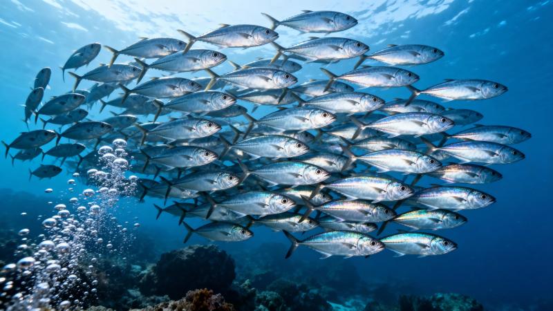 鱼群共舞 气泡升腾海底景图片