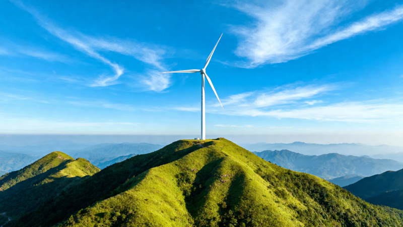 山顶风车映蓝天图片