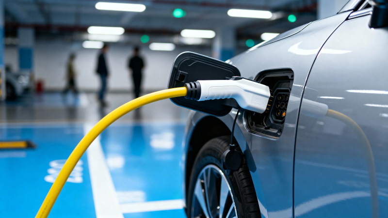 电动车充电中 车库蓝调光影图片