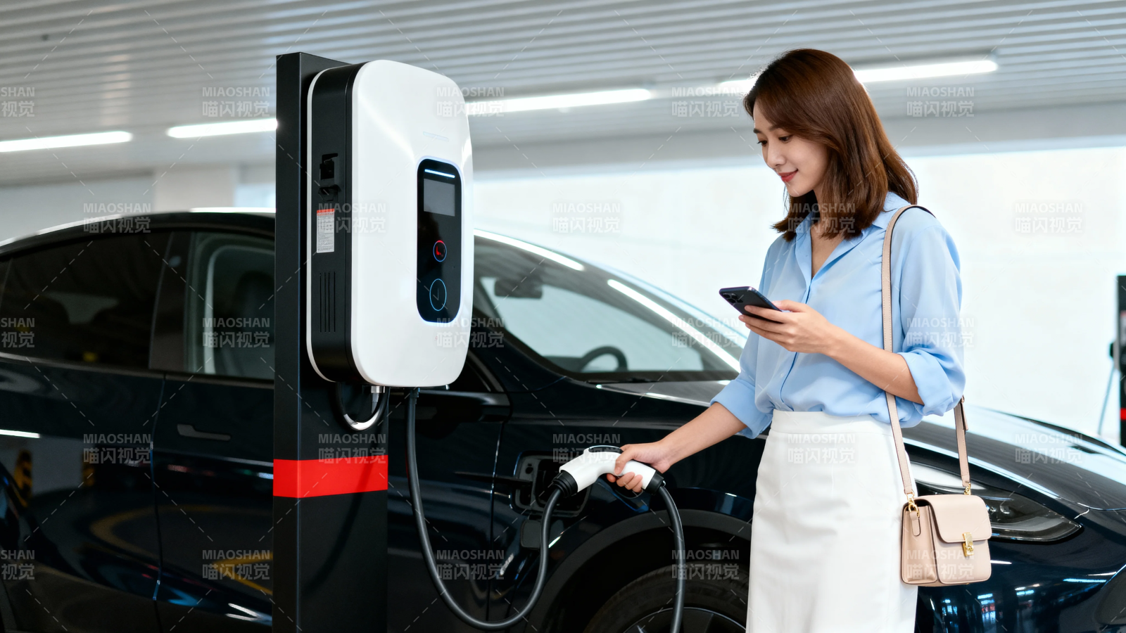 女子充电时看手机图片