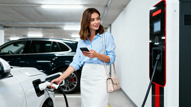 女子充电时微笑看手机图片
