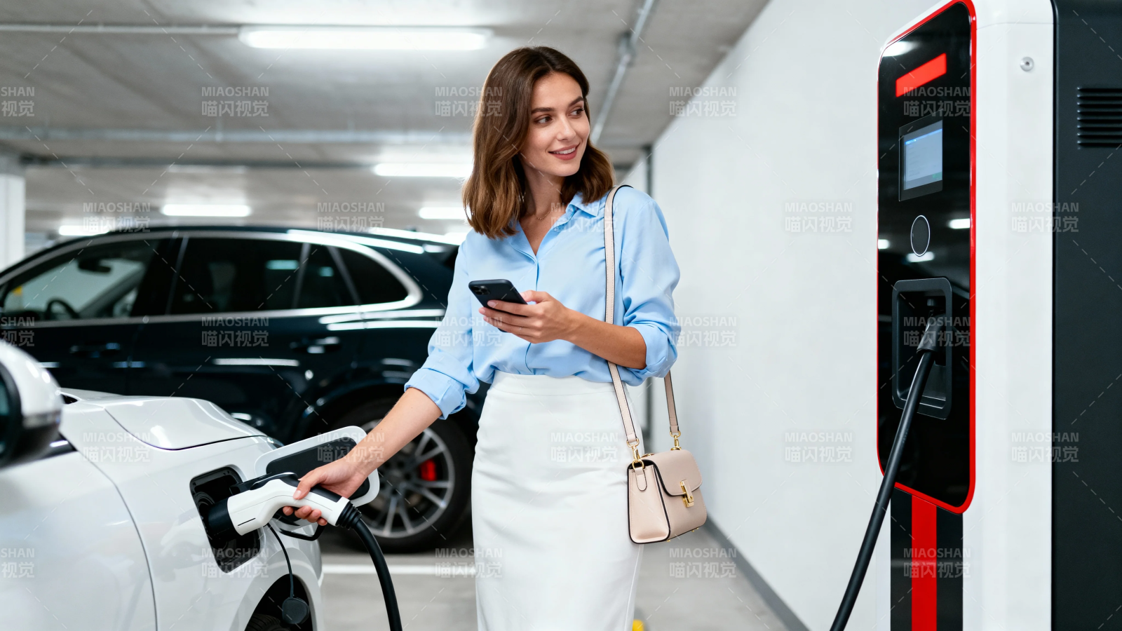 女子充电时微笑看手机图片
