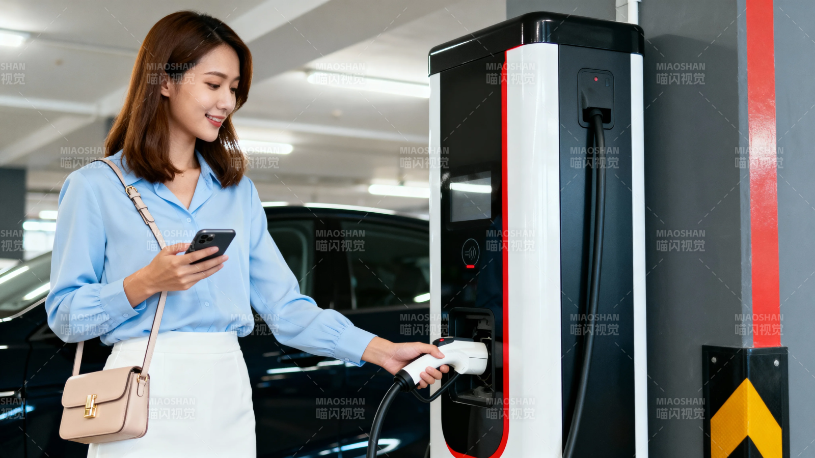 女子充电时看手机图片