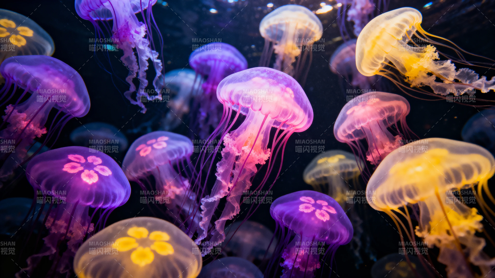 梦幻水母群 彩光摇曳舞深海图片
