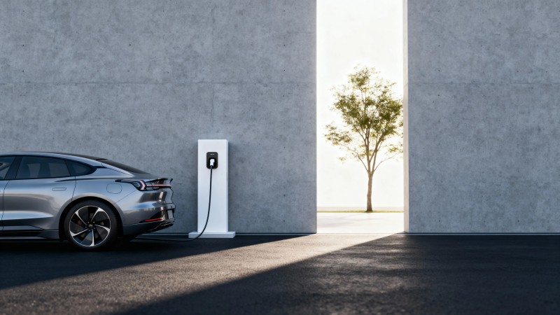 电动车充电 树影映墙间图片