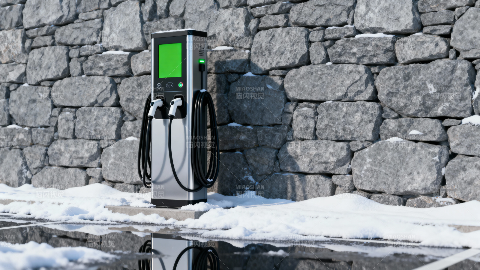 雪墙旁的充电桩图片