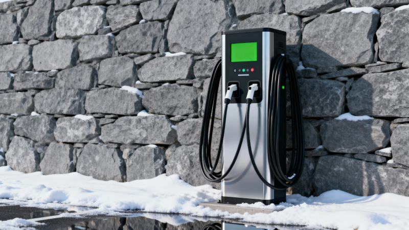 雪墙旁充电桩静立图片