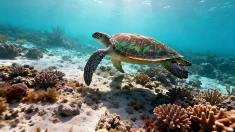 海龟悠游珊瑚礁图片