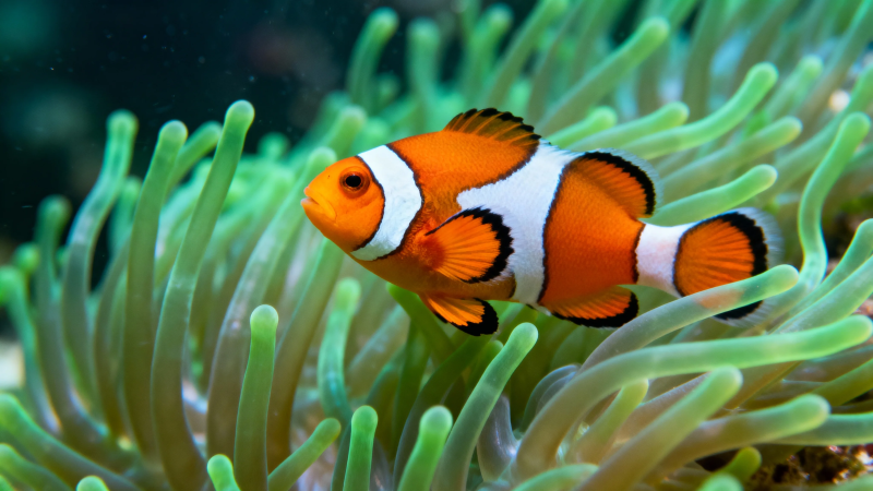 小丑鱼游弋海葵间图片