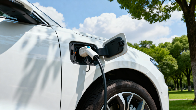 白色电动车充电中图片