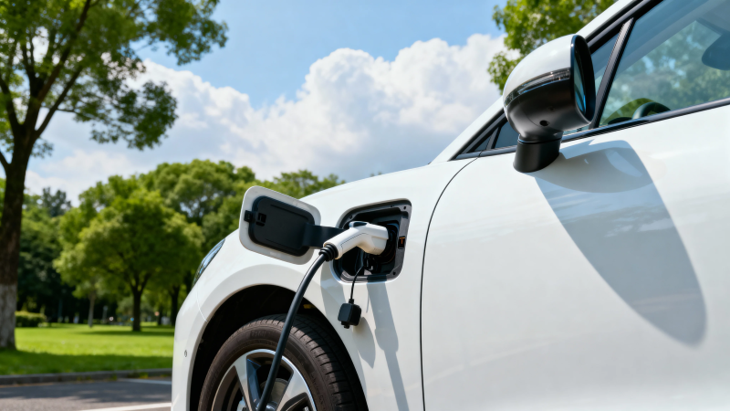 白色电动车充电中图片