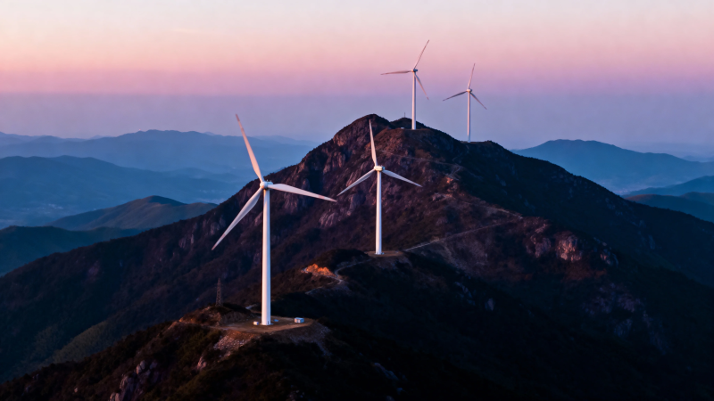 山巅风车迎晚霞图片