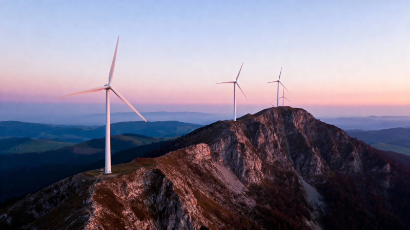 山巅风车映晚霞图片