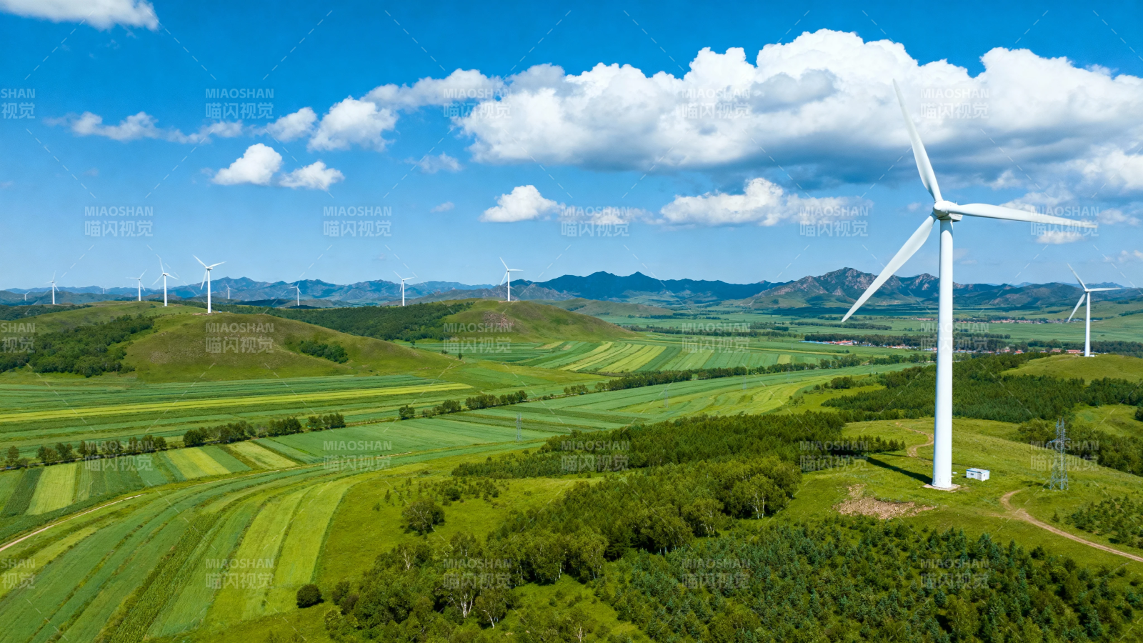 风车绿野 蓝天白云间图片