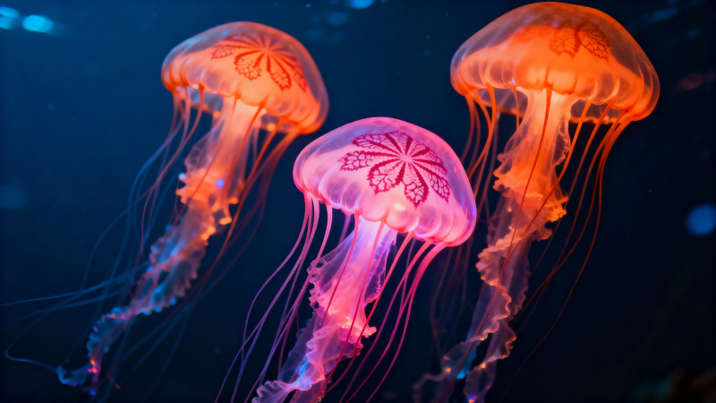深海彩灯 三朵发光水母图片