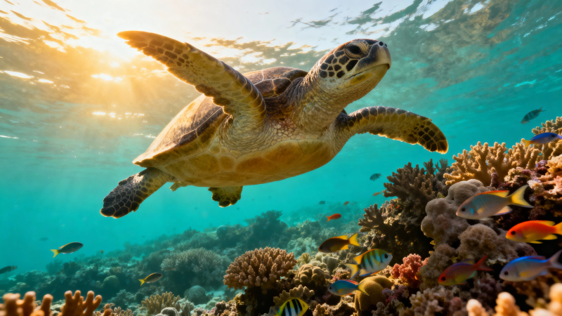 海龟悠游珊瑚礁间图片