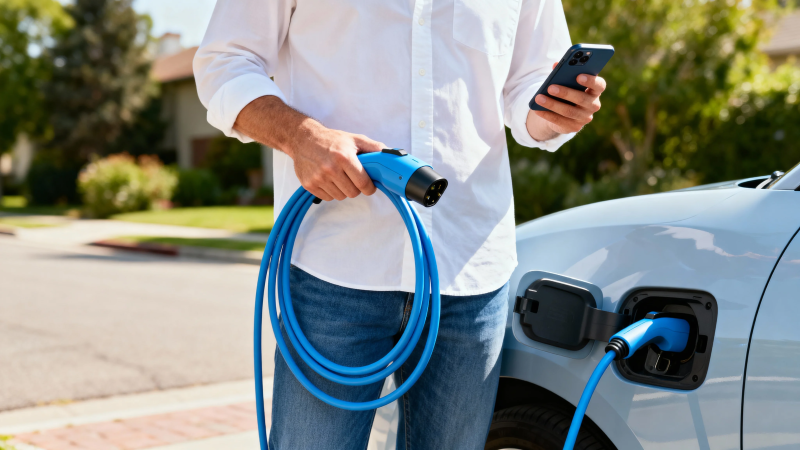 男子持充电线为电动车充电图片