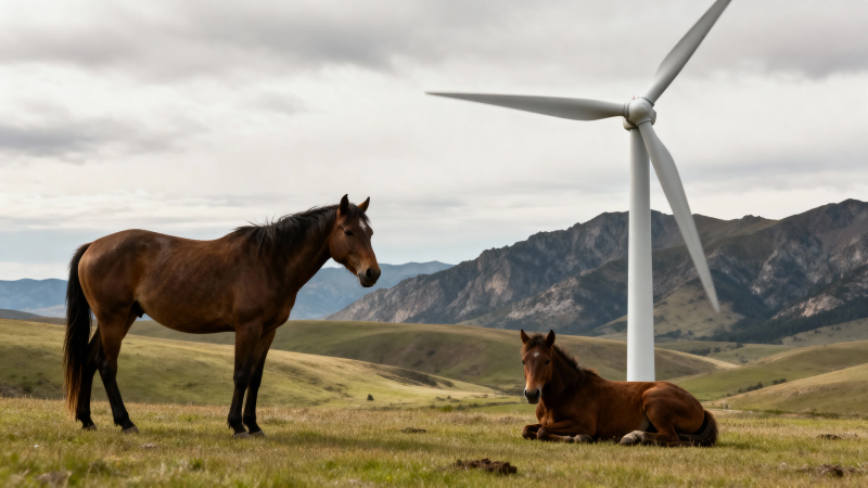 风车下的马群图片
