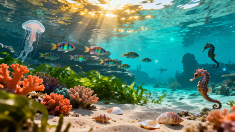 海底世界 阳光 鱼群与海马图片