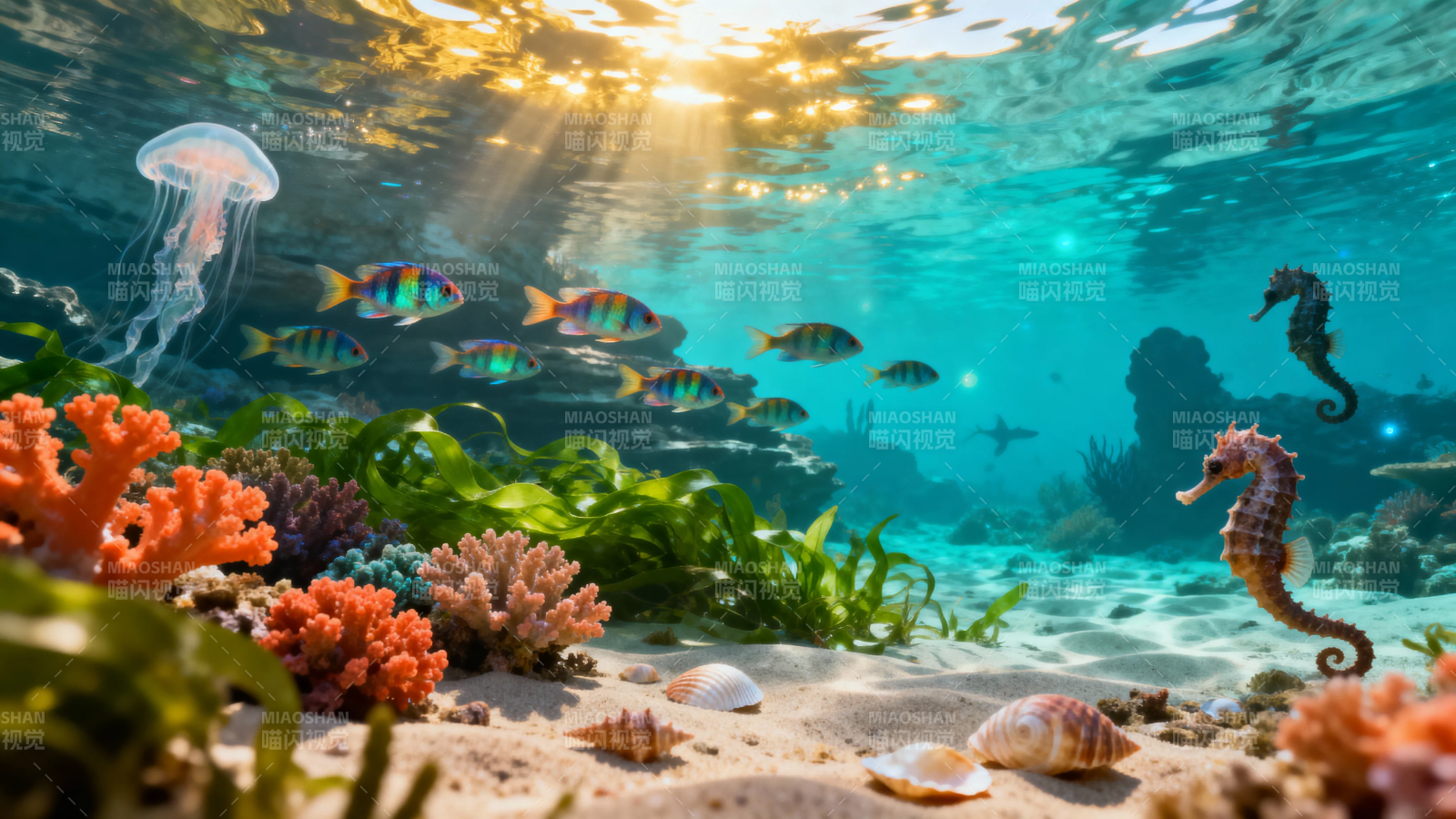 海底世界 阳光 鱼群与海马图片