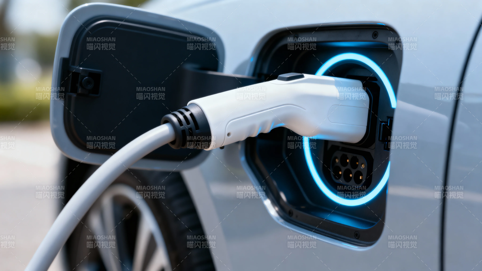 电动车充电中 蓝光环绕插口图片