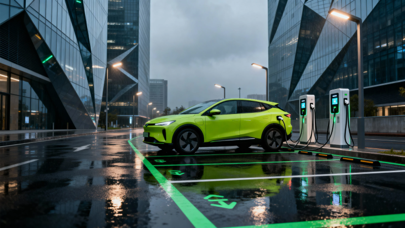 雨夜绿车充电站图片