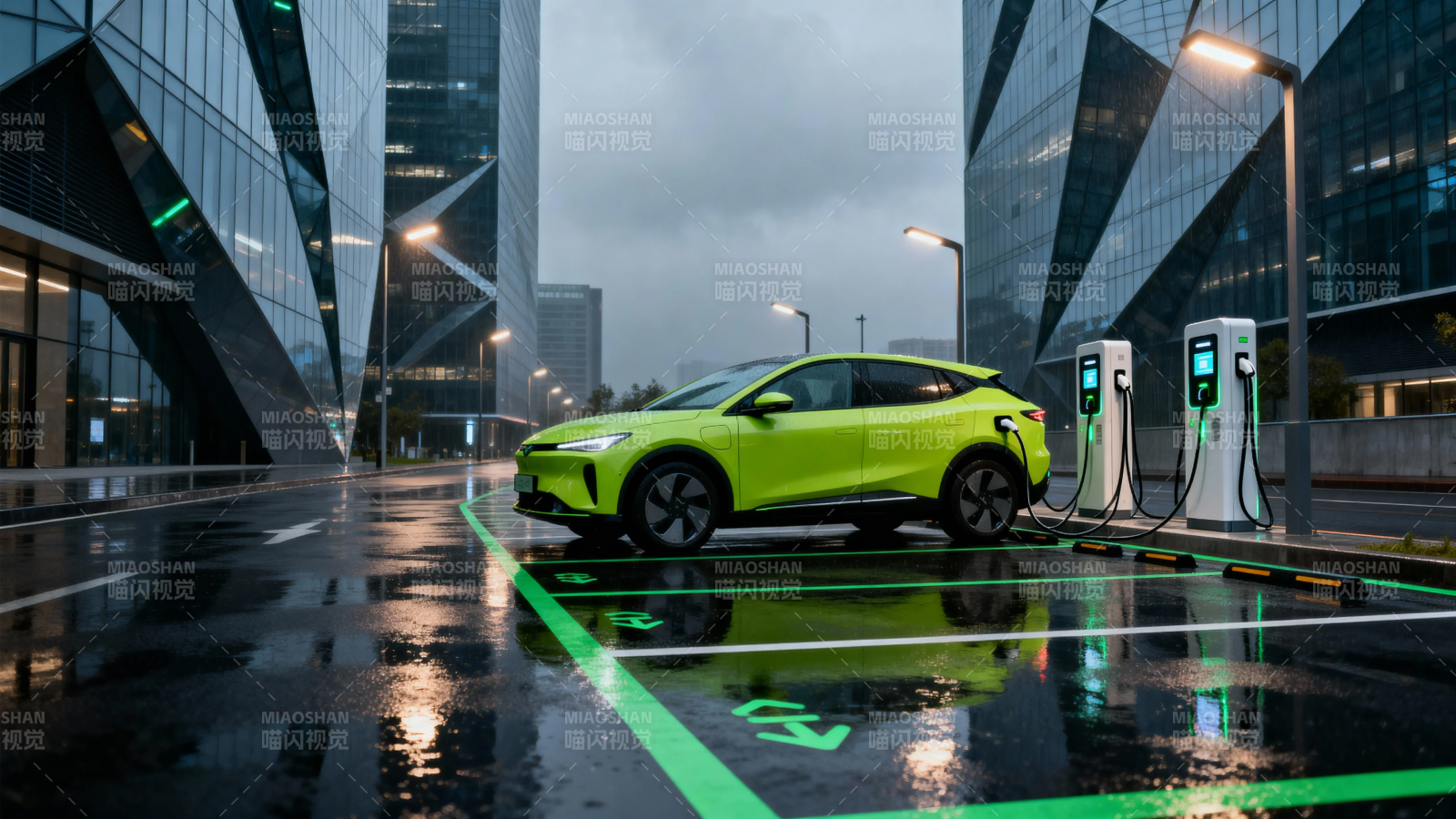 雨夜绿车充电站图片