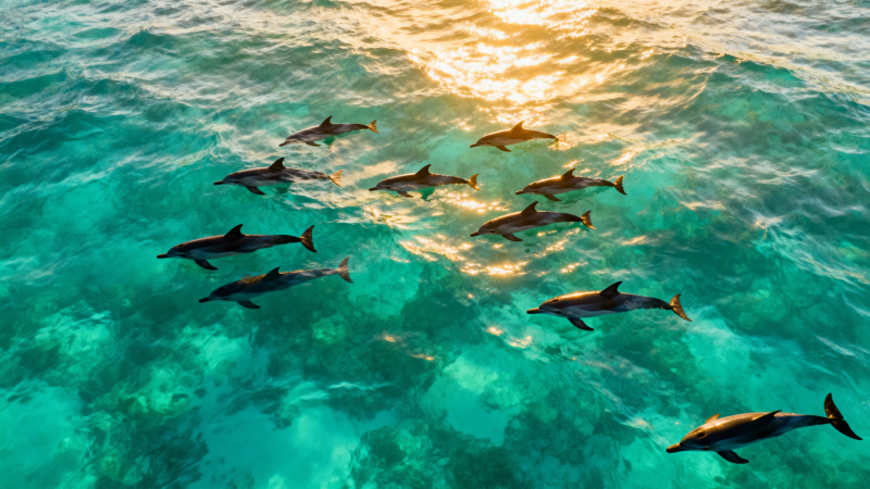海豚群游碧蓝海面图片