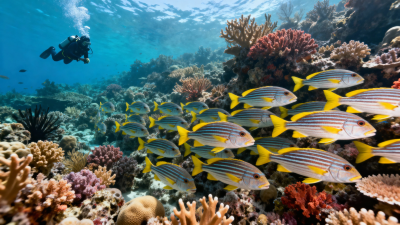 潜水员与鱼群共舞珊瑚海图片