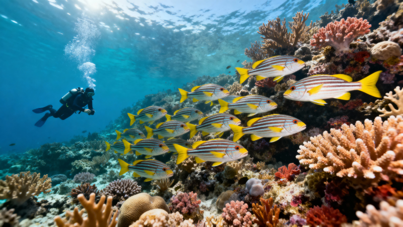 潜水员伴鱼群游珊瑚海图片