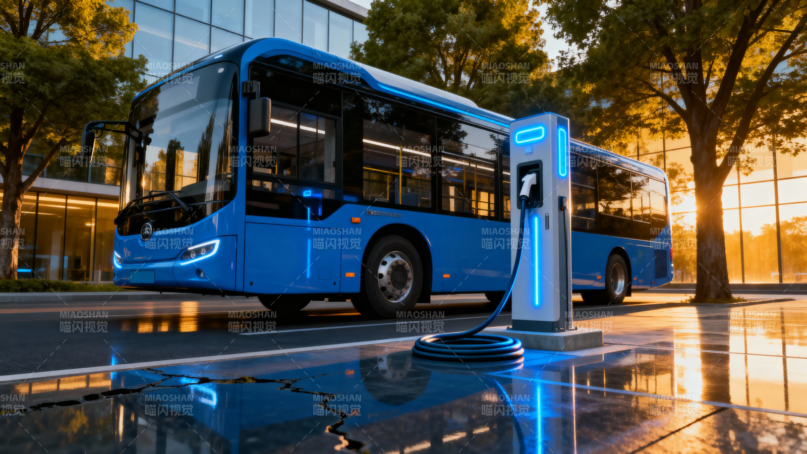 蓝色电动巴士充电中图片