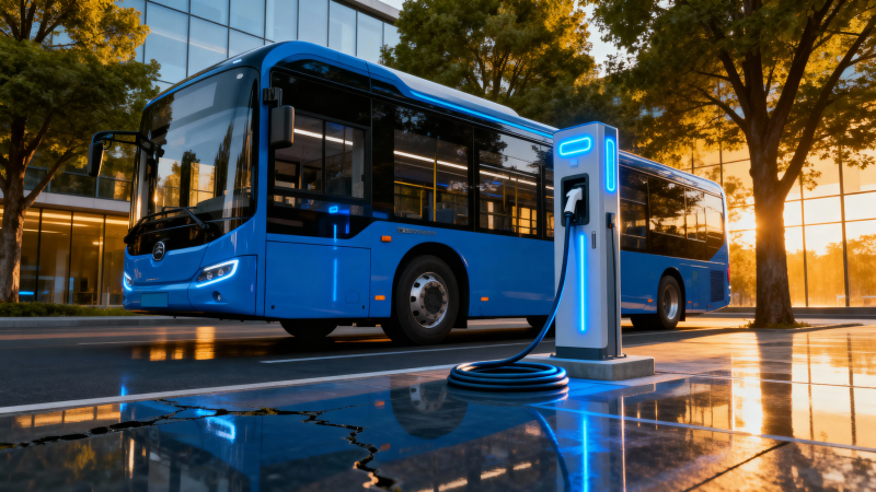 蓝色电动巴士充电中图片