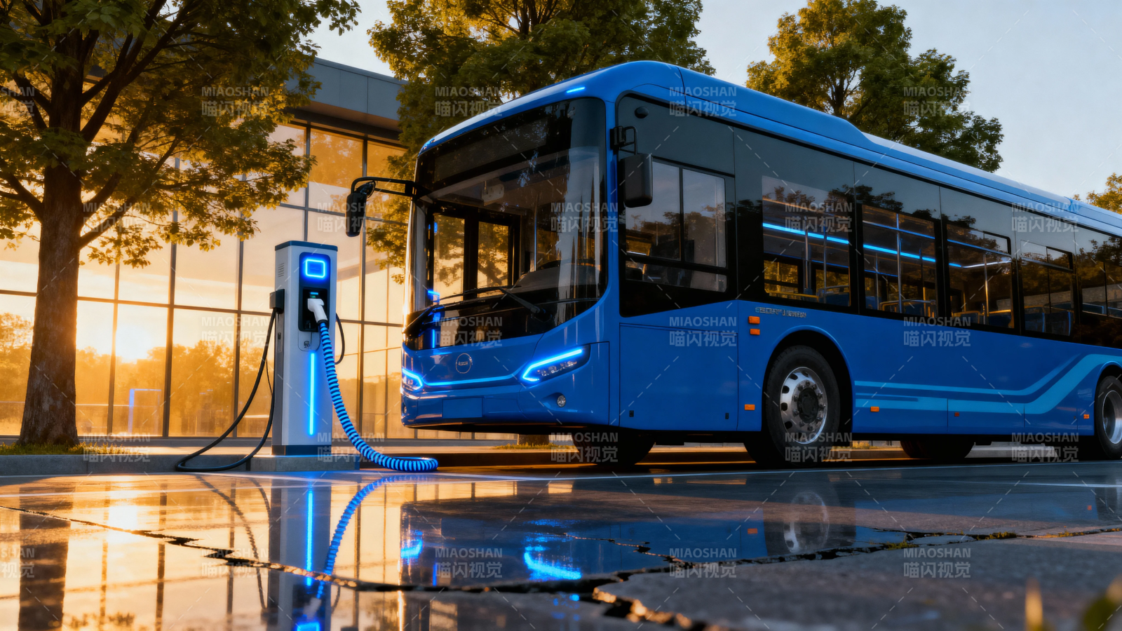 蓝色电动巴士充电中图片