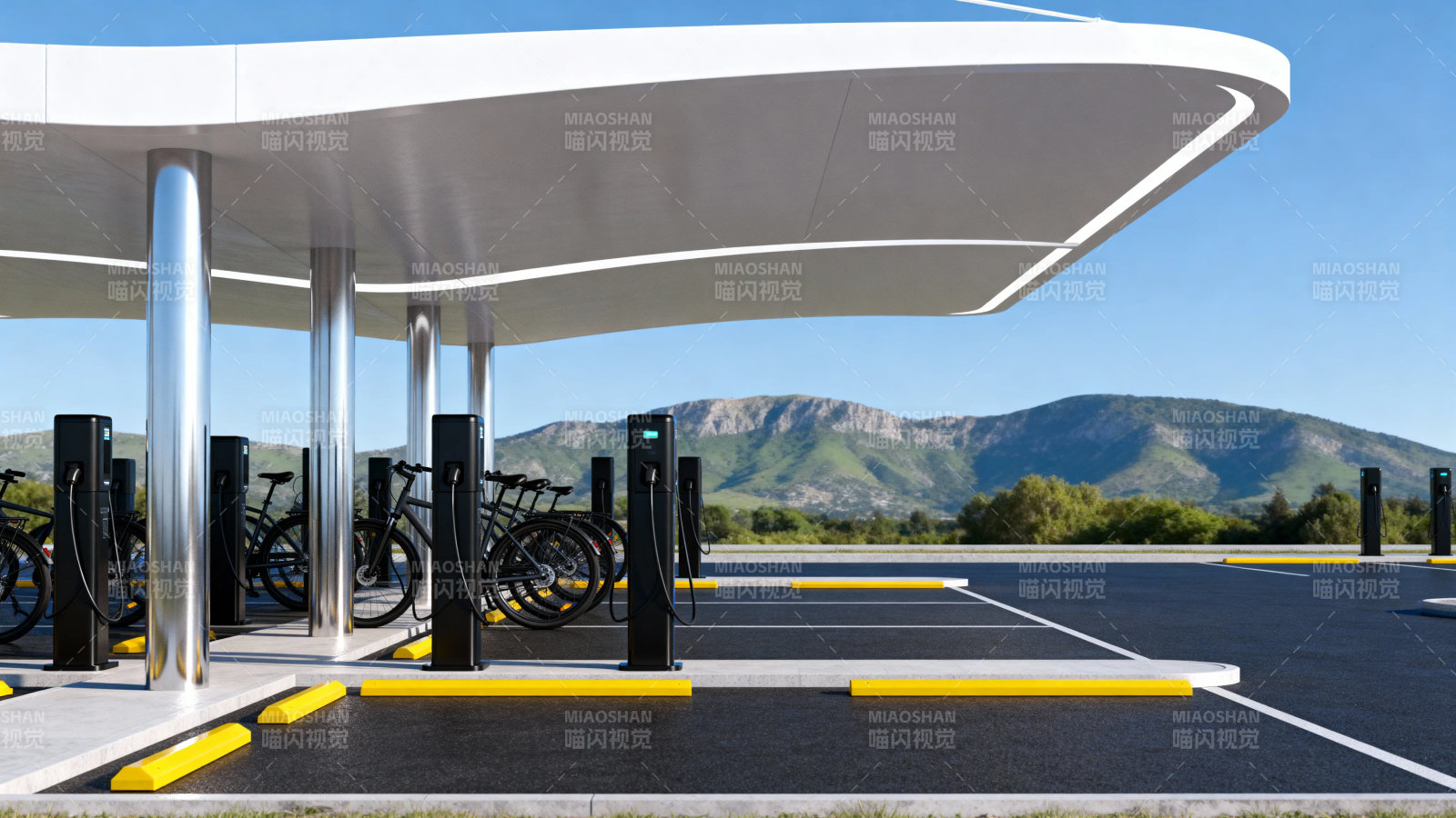 山景下的现代自行车充电站图片