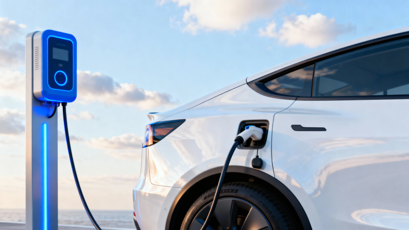 电动车充电中 蓝天映衬未来出行图片