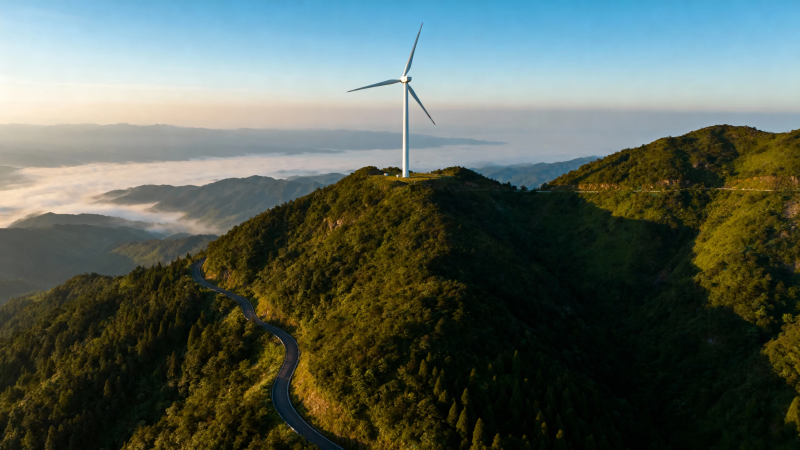山顶风车 云海蜿蜒路图片