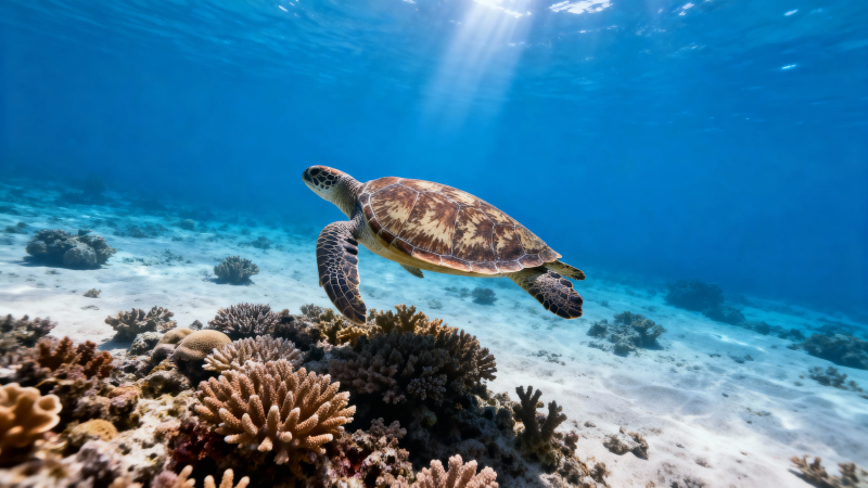 海龟游弋珊瑚礁间图片