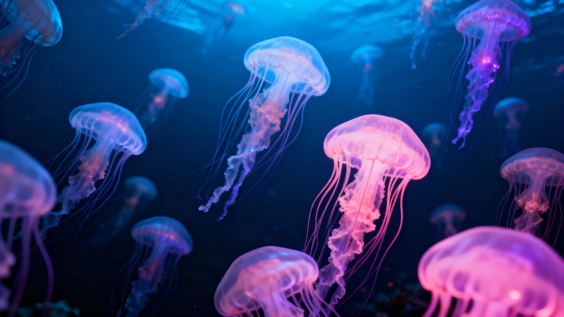 梦幻水母群 蓝紫光影舞图片