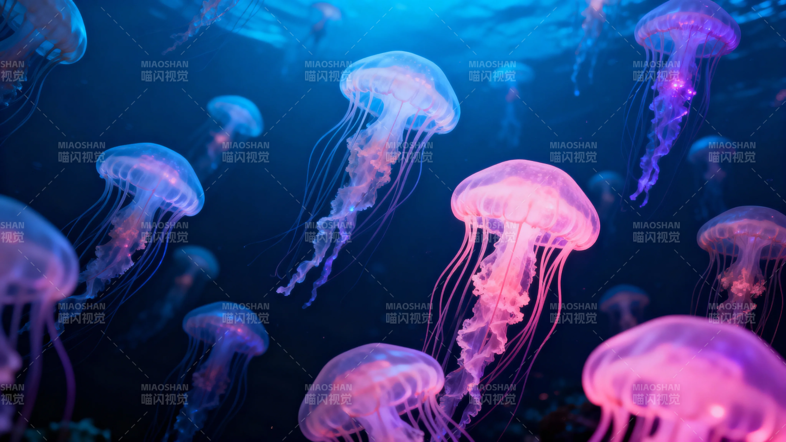 梦幻水母群 蓝紫光影舞图片