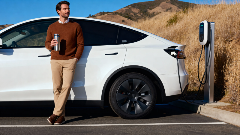 男子倚特斯拉充电 手持咖啡图片