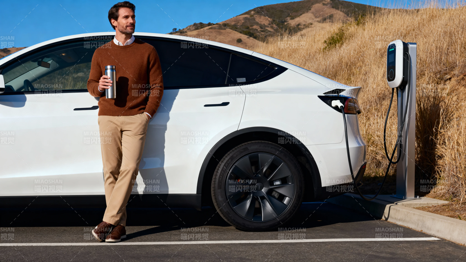 男子倚特斯拉充电 手持咖啡图片